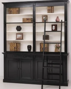 Casa Padrino Landhausstil Bücherschrank mit Leiter Schwarz / Weiß 200 x 40 x H. 240 cm - Massivholz Schrank - Wohnzimmerschrank - Regalschrank - Büroschrank - Landhausstil Möbel
