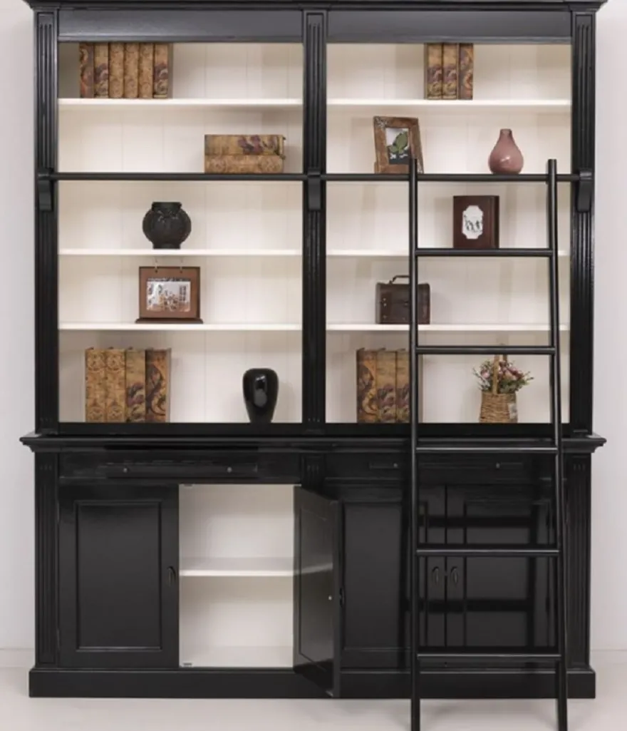 Casa Padrino Landhausstil Bücherschrank mit Leiter Schwarz / Weiß 200 x 40 x H. 240 cm - Massivholz Schrank - Wohnzimmerschrank - Regalschrank - Büroschrank - Landhausstil Möbel