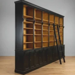 Casa Padrino Landhausstil Bücherschrank mit Leiter Antik Schwarz / Naturfarben 500 cm