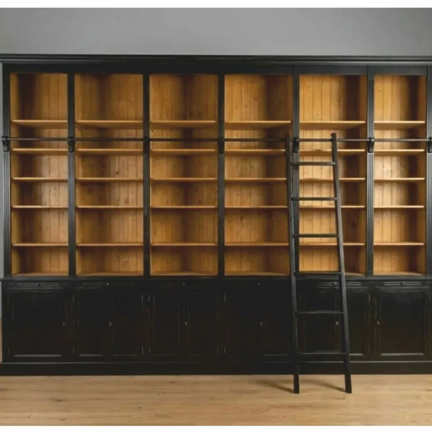 Casa Padrino Landhausstil Bücherschrank mit Leiter Antik Schwarz / Naturfarben 500 cm