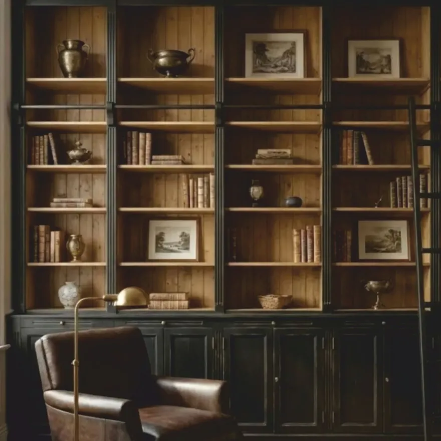 Casa Padrino Landhausstil Bücherschrank mit Leiter Antik Schwarz / Naturfarben 500 cm