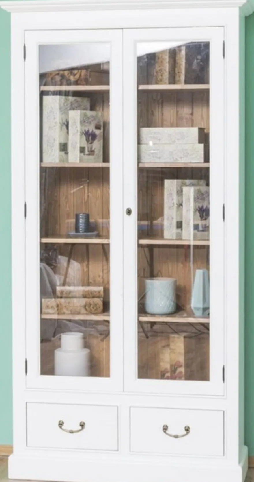 Casa Padrino Landhausstil Bücherschrank Weiß / Braun 109 x 39 x H. 210 cm - Wohnzimmerschrank mit 2 Glastüren und 2 Schubladen - Landhausstil Möbel