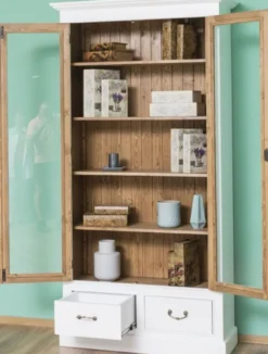 Casa Padrino Landhausstil Bücherschrank Weiß / Braun 109 x 39 x H. 210 cm - Wohnzimmerschrank mit 2 Glastüren und 2 Schubladen - Landhausstil Möbel