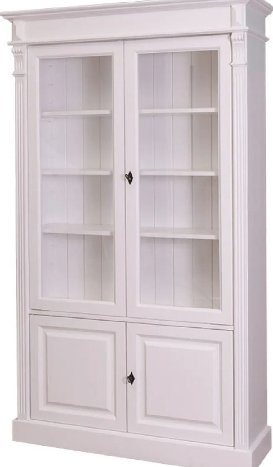 Casa Padrino Landhausstil Bücherschrank Weiß 119 x 39 x H. 197 cm - Wohnzimmerschrank mit 4 Türen - Massivholz Schrank - Vitrinenschrank - Landhausstil Wohnzimmermöbel
