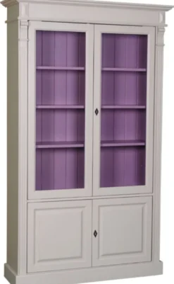 Casa Padrino Landhausstil Bücherschrank Hellgrau / Lila 119 x 39 x H. 197 cm - Wohnzimmerschrank mit 4 Türen - Massivholz Schrank - Vitrinenschrank - Landhausstil Wohnzimmermöbel
