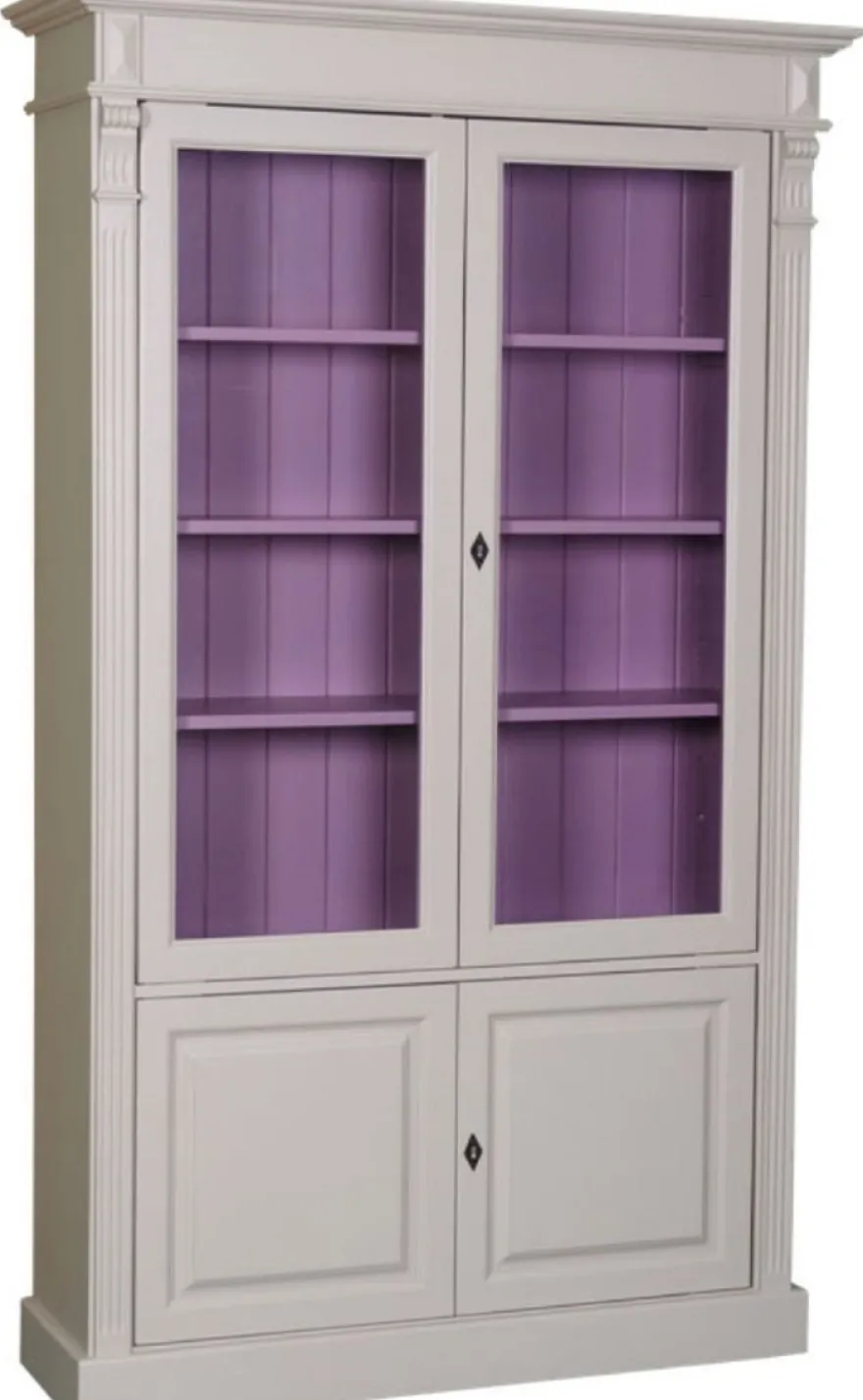 Casa Padrino Landhausstil Bücherschrank Hellgrau / Lila 119 x 39 x H. 197 cm - Wohnzimmerschrank mit 4 Türen - Massivholz Schrank - Vitrinenschrank - Landhausstil Wohnzimmermöbel