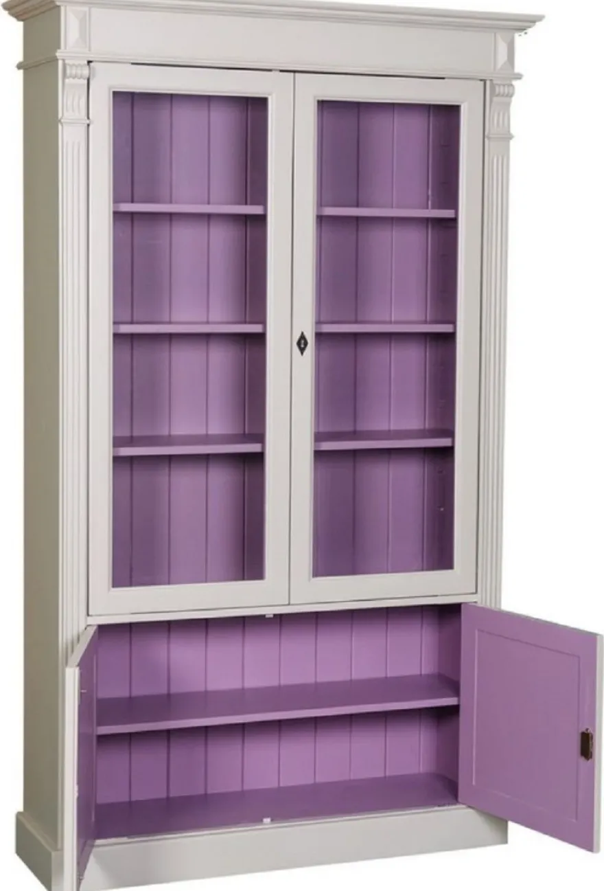 Casa Padrino Landhausstil Bücherschrank Hellgrau / Lila 119 x 39 x H. 197 cm - Wohnzimmerschrank mit 4 Türen - Massivholz Schrank - Vitrinenschrank - Landhausstil Wohnzimmermöbel