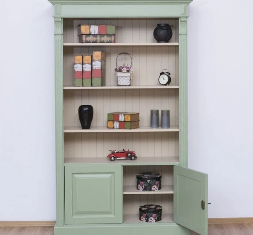 Casa Padrino Landhausstil Bücherschrank Grün / Grau 120 x 39 x H. 197 cm - Massivholz Schrank - Wohnzimmerschrank - Büroschrank - Landhausstil Möbel