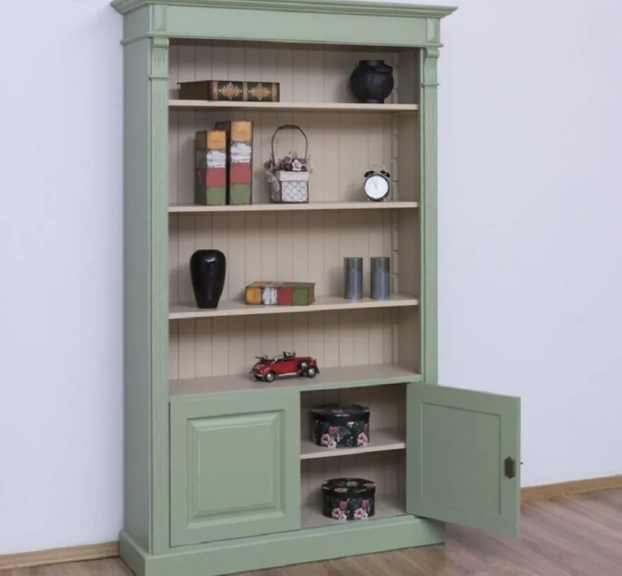 Casa Padrino Landhausstil Bücherschrank Grün / Grau 120 x 39 x H. 197 cm - Massivholz Schrank - Wohnzimmerschrank - Büroschrank - Landhausstil Möbel