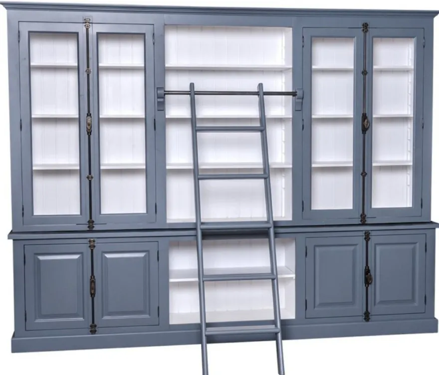 Casa Padrino Landhausstil Bücherschrank mit Leiter Blau / Weiß 300 x 50 x H. 230 cm - Landhausstil Möbel