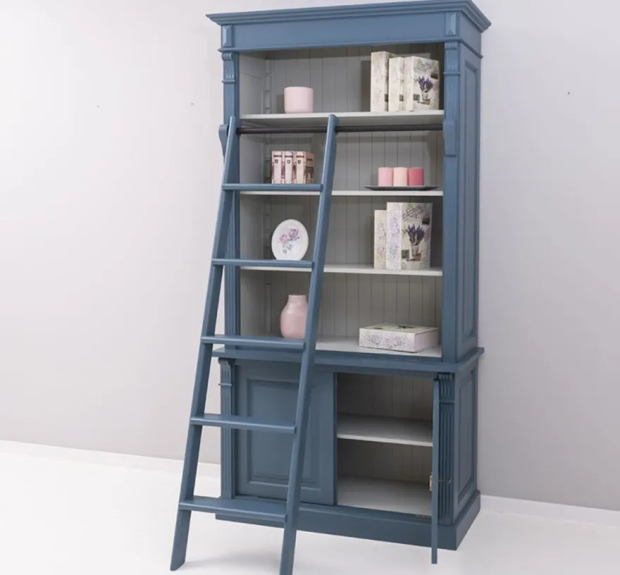 Casa Padrino Landhaus Stil Bücherschrank mit Leiter Stahlblau / Grau