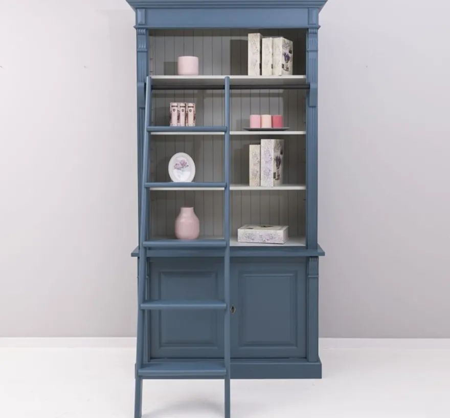 Casa Padrino Landhaus Stil Bücherschrank mit Leiter Stahlblau / Grau
