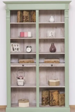 Casa Padrino Landhausstil Bücherschrank Grün / Naturfarben 120 x 37 x H. 197 cm - Massivholz Schrank - Regalschrank - Wohnzimmerschrank - Landhausstil Möbel
