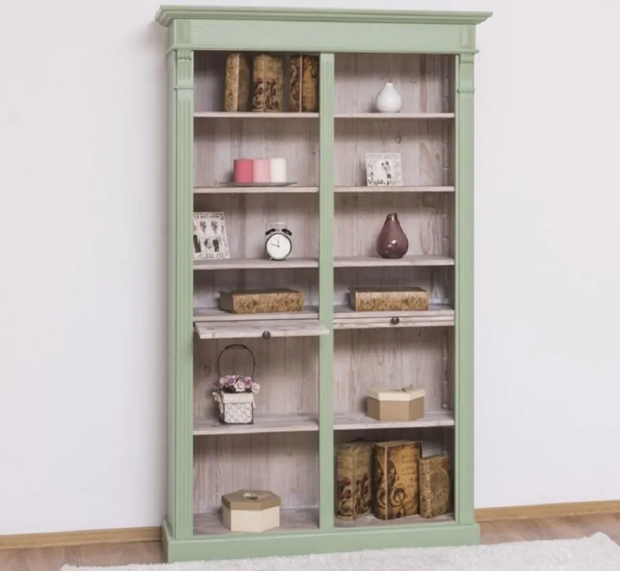 Casa Padrino Landhausstil Bücherschrank Grün / Naturfarben 120 x 37 x H. 197 cm - Massivholz Schrank - Regalschrank - Wohnzimmerschrank - Landhausstil Möbel