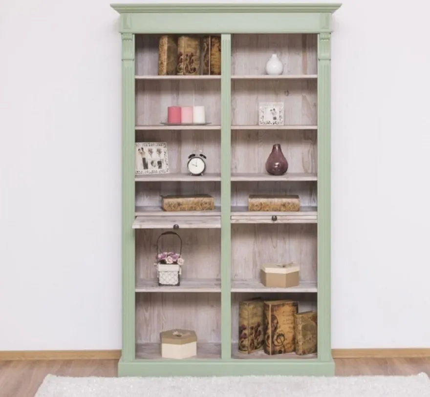 Casa Padrino Landhausstil Bücherschrank Grün / Naturfarben 120 x 37 x H. 197 cm - Massivholz Schrank - Regalschrank - Wohnzimmerschrank - Landhausstil Möbel