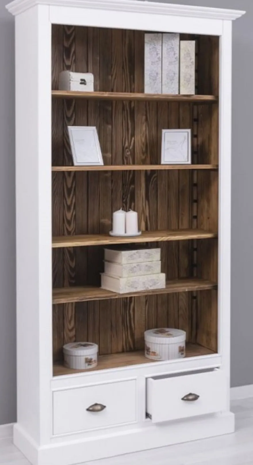 Casa Padrino Landhausstil Bücherschrank Weiß / Braun 109 x 39 x H. 210 cm - Massivholz Schrank - Regalschrank - Wohnzimmerschrank - Büroschrank - Landhausstil Möbel