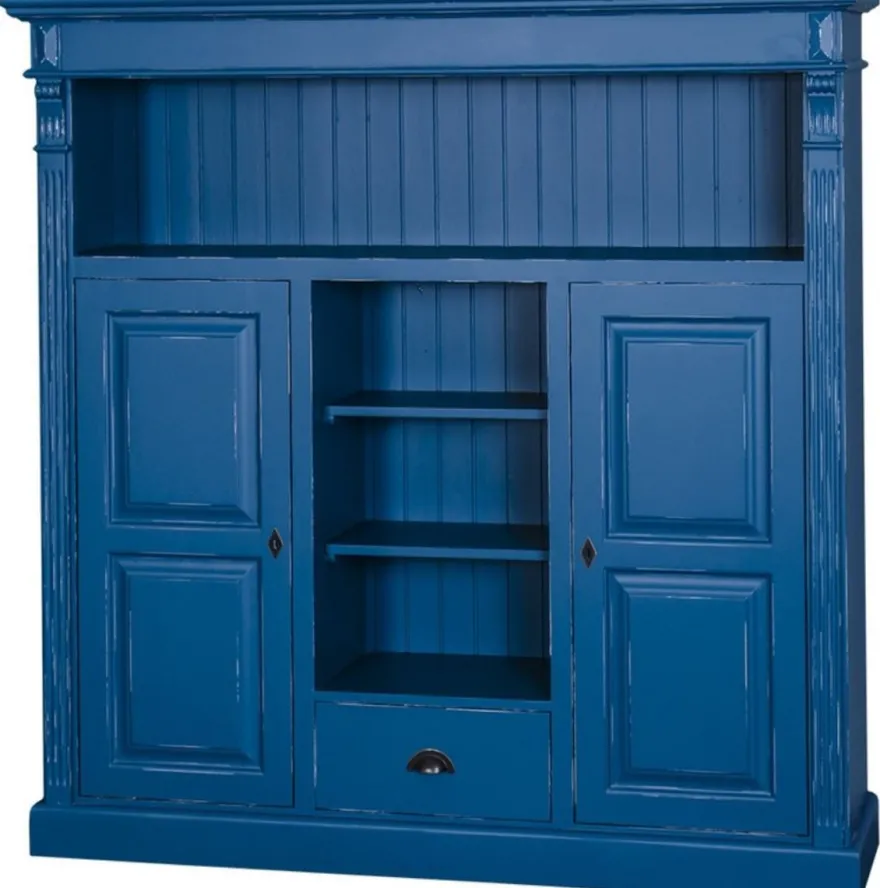 Casa Padrino Landhausstil Bücherschrank Antik Blau 60 x 36 x H. 100 cm - Massivholz Schrank mit 2 Türen und Schublade - Wohnzimmerschrank - Landhausstil Möbel