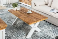 Casa Padrino Landhausstil Couchtisch Naturfarben / Weiß 110 x 60 x H. 45 cm - Handgefertigter Massivholz Wohnzimmertisch - Wohnzimmer Möbel im Landhausstil