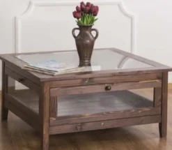 Casa Padrino Landhausstil Couchtisch mit Glasplatte Braun 90 x 90 x H. 45 cm - Massivholz Wohnzimmertisch - Wohnzimmermöbel im Landhausstil