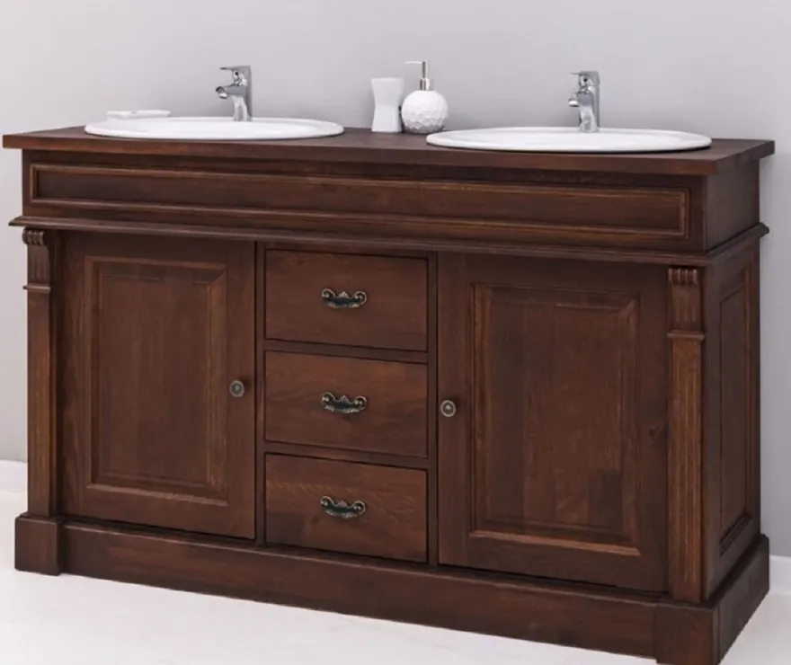 Casa Padrino Landhausstil Doppel Waschbeckenschrank mit 2 Keramik Waschbecken Dunkelbraun / Weiß 150 x 51 x H. 91 cm - Massivholz Badezimmer Möbel im Landhausstil - Landhausstil Möbel