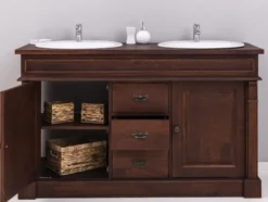 Casa Padrino Landhausstil Doppel Waschbeckenschrank mit 2 Keramik Waschbecken Dunkelbraun / Weiß 150 x 51 x H. 91 cm - Massivholz Badezimmer Möbel im Landhausstil - Landhausstil Möbel