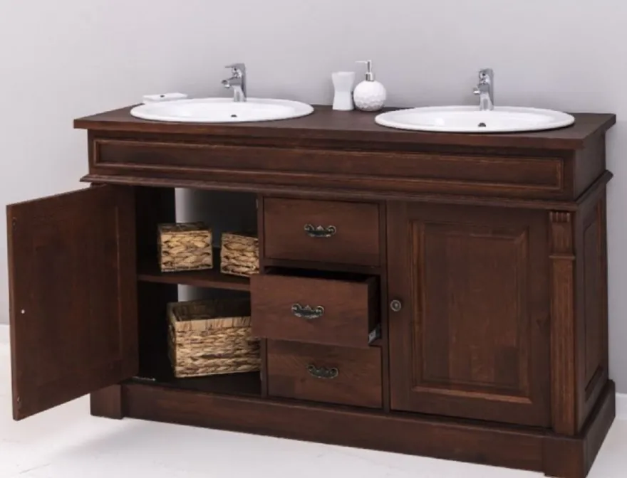 Casa Padrino Landhausstil Doppel Waschbeckenschrank mit 2 Keramik Waschbecken Dunkelbraun / Weiß 150 x 51 x H. 91 cm - Massivholz Badezimmer Möbel im Landhausstil - Landhausstil Möbel