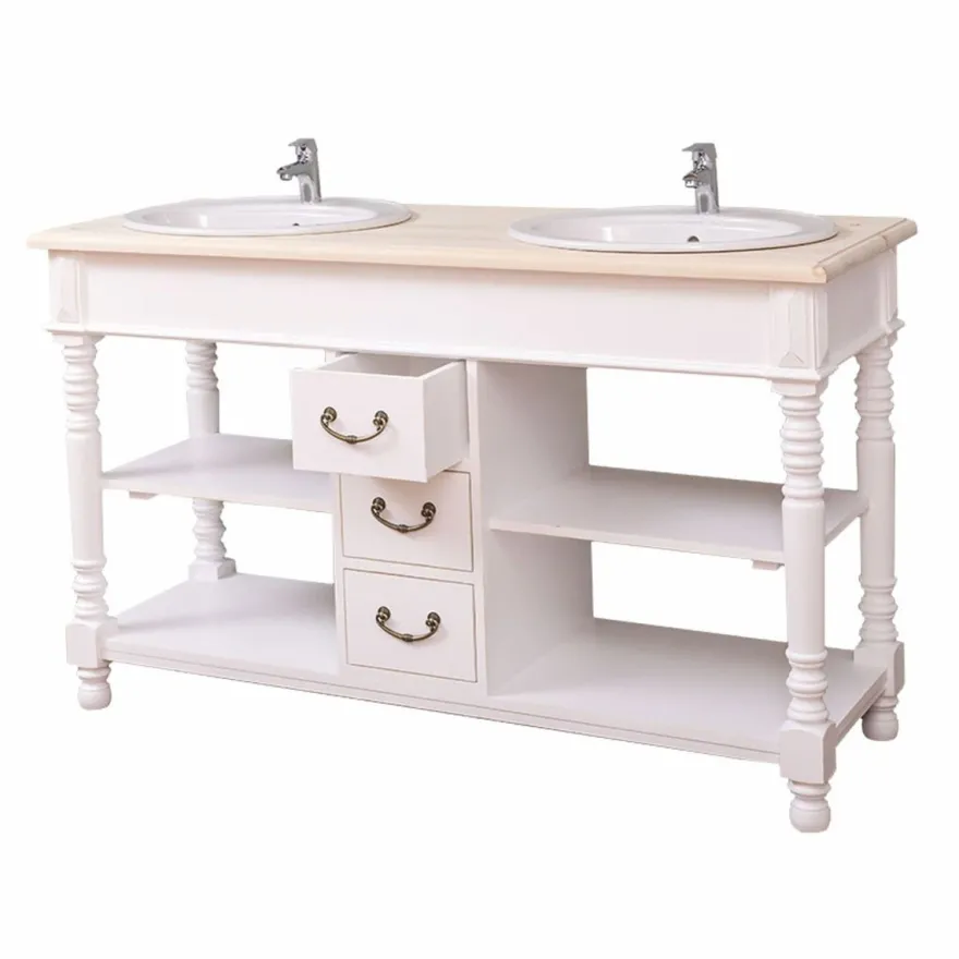 Casa Padrino Landhausstil Doppel Waschtisch mit 2 Waschbecken Weiß / Naturfarben 150 cm