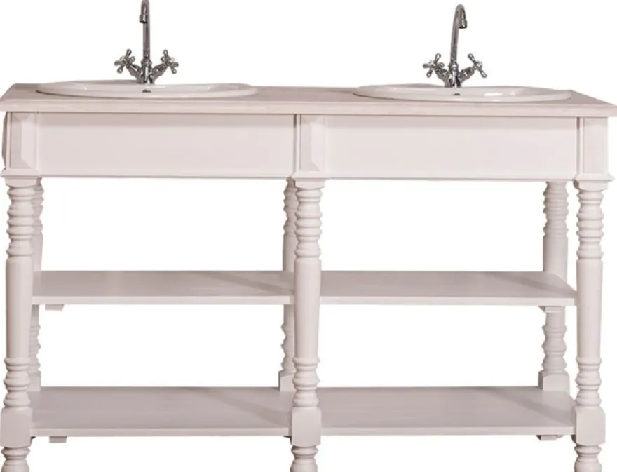 Casa Padrino Landhausstil Doppel Waschbeckenschrank Weiß / Hellgrau 150 x 54 x H. 90 cm - Massivholz Waschtisch - Badezimmermöbel im Landhausstil