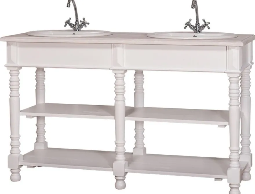 Casa Padrino Landhausstil Doppel Waschbeckenschrank Weiß / Hellgrau 150 x 54 x H. 90 cm - Massivholz Waschtisch - Badezimmermöbel im Landhausstil