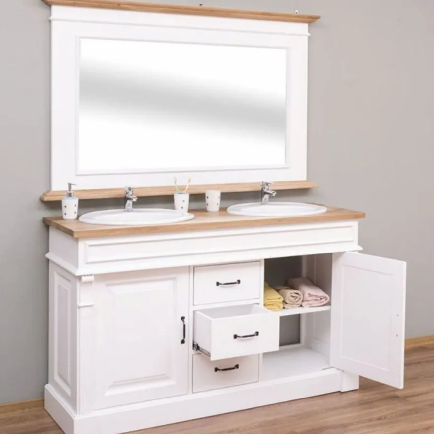 Casa Padrino Landhausstil Doppel Waschbeckenschrank Weiß / Naturfarben 150 cm