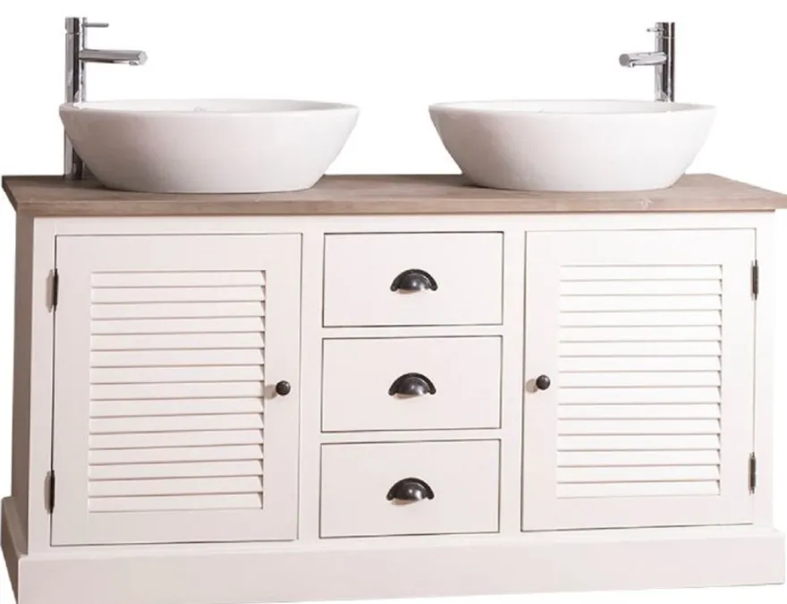 Casa Padrino Landhausstil Doppel-Waschtisch mit 2 Türen und 3 Schubladen Creme / Naturfarben 150 x 51 x H. 75 cm - Badezimmermöbel im Landhausstil