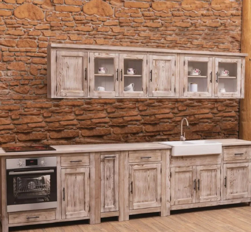 Casa Padrino Landhausstil Einbauküche Naturfarben 387 x 65 x H. 90 cm - Massivholz Küchenzeile - Esszimmer Möbel im Landhausstil - Landhausstil Massivholz Einbauküchen