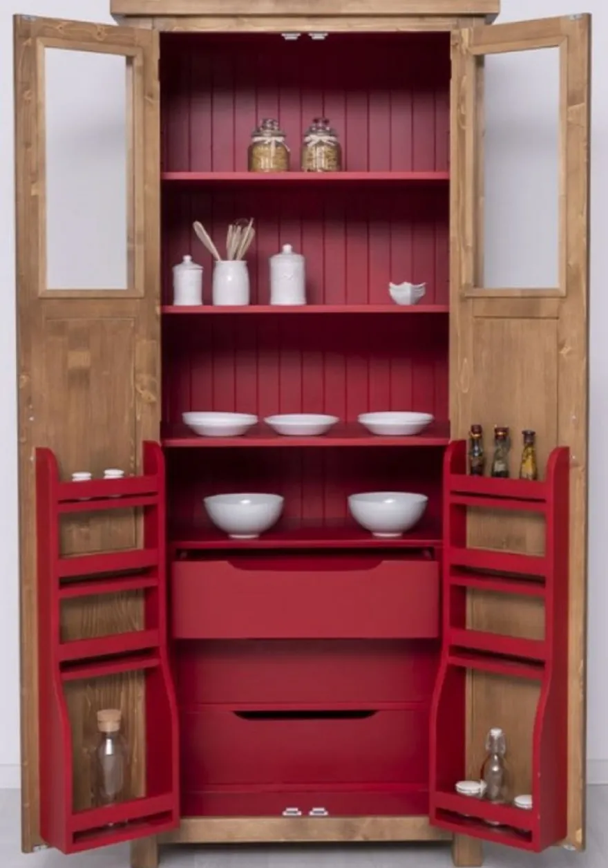 Casa Padrino Landhausstil Esszimmerschrank Naturfarben / Rot 96 x 65 x H. 220 cm - Massivholz Küchenschrank mit 2 Türen - Esszimmer Möbel im Landhausstil - Landhausstil Esszimmer Einrichtung