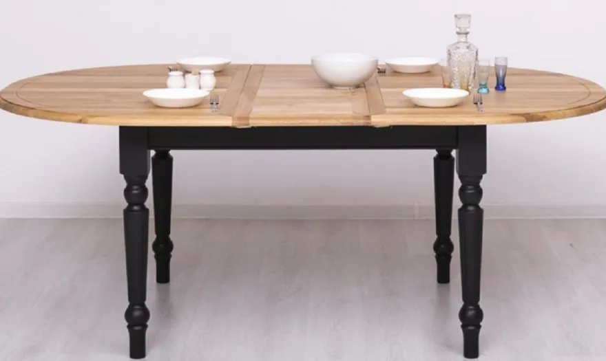 Casa Padrino Landhausstil Esstisch Naturfarben / Schwarz 160-200 x 120 x H. 78 cm - Ovaler ausziehbarer massivholz Küchentisch mit Eichenholz Tischplatte - Esszimmer Möbel im Landhausstil
