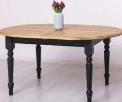 Casa Padrino Landhausstil Esstisch Naturfarben / Schwarz 160-200 x 120 x H. 78 cm - Ovaler ausziehbarer massivholz Küchentisch mit Eichenholz Tischplatte - Esszimmer Möbel im Landhausstil