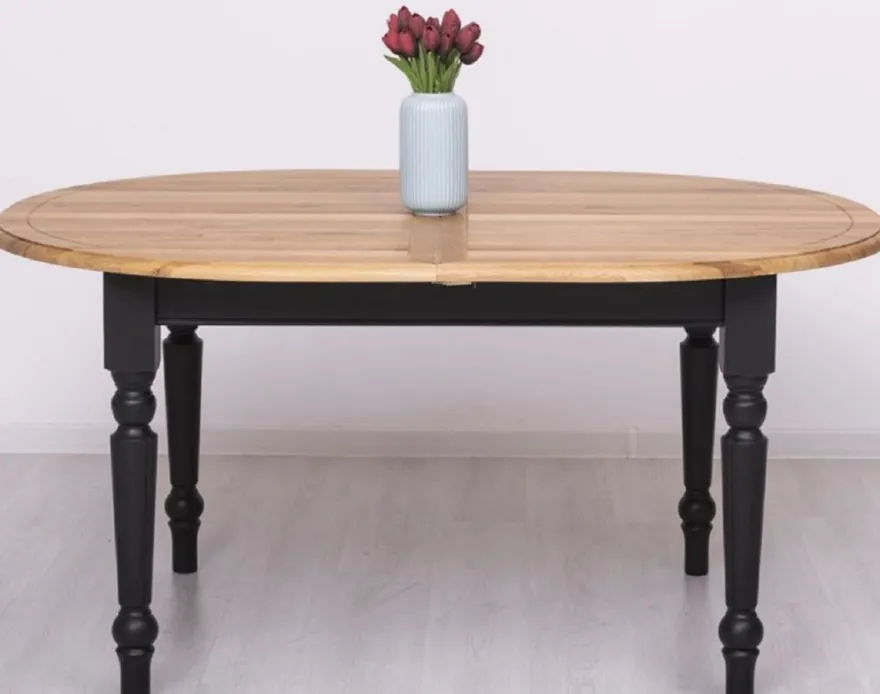 Casa Padrino Landhausstil Esstisch Naturfarben / Schwarz 160-200 x 120 x H. 78 cm - Ovaler ausziehbarer massivholz Küchentisch mit Eichenholz Tischplatte - Esszimmer Möbel im Landhausstil