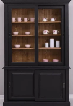 Casa Padrino Landhausstil Esszimmerschrank Schwarz / Braun 141 x 48 x H. 212 cm - Massivholz Schrank mit 4 Schiebetüren - Landhausstil Massivholz Esszimmer Möbel