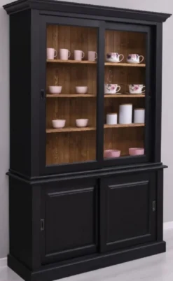 Casa Padrino Landhausstil Esszimmerschrank Schwarz / Braun 141 x 48 x H. 212 cm - Massivholz Schrank mit 4 Schiebetüren - Landhausstil Massivholz Esszimmer Möbel