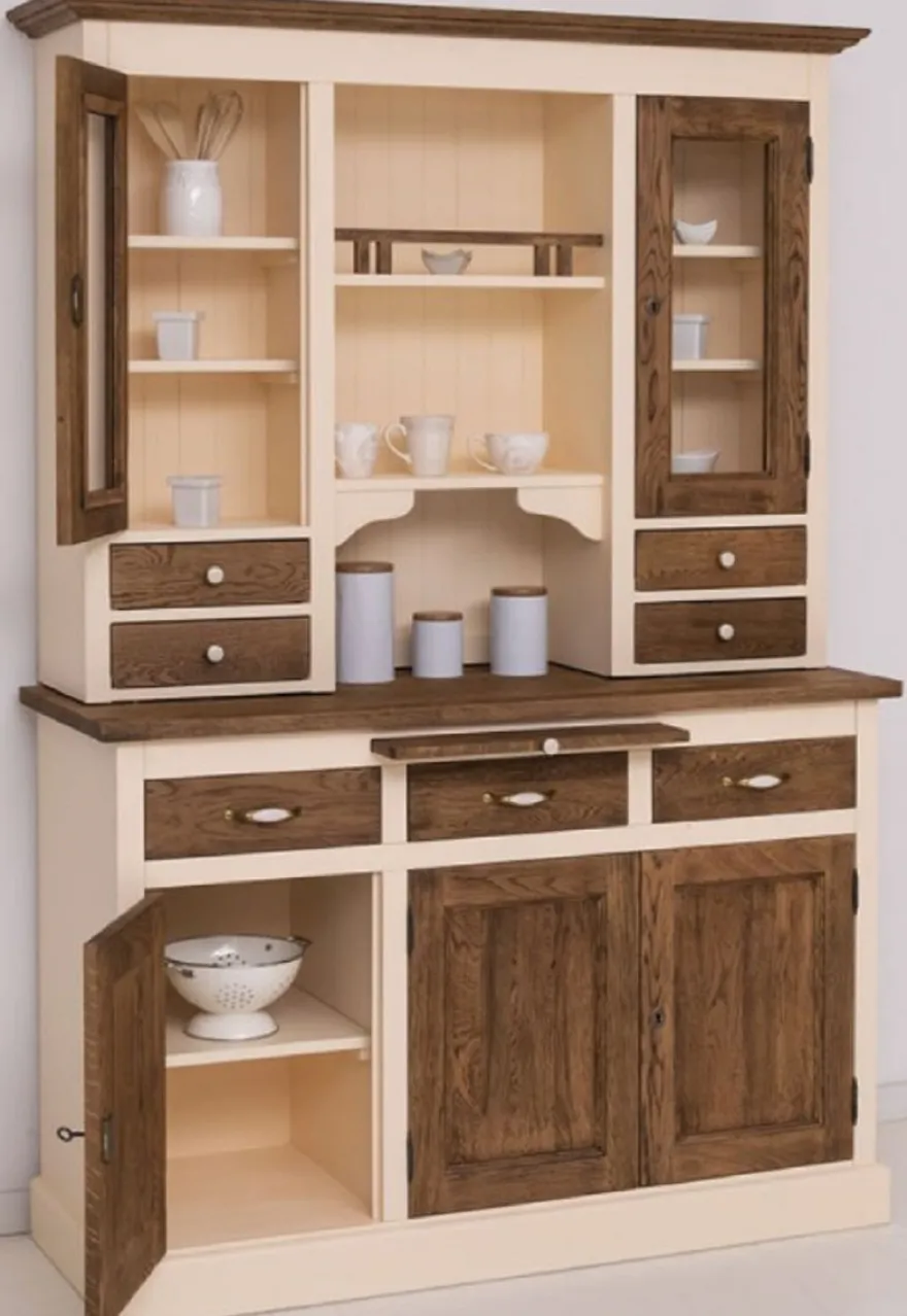 Casa Padrino Landhausstil Esszimmerschrank Creme / Dunkelbraun 137 x 50 x H. 197 cm - Massivholz Küchenschrank - Esszimmer Möbel im Landhausstil - Landhausstil Esszimmer Einrichtung