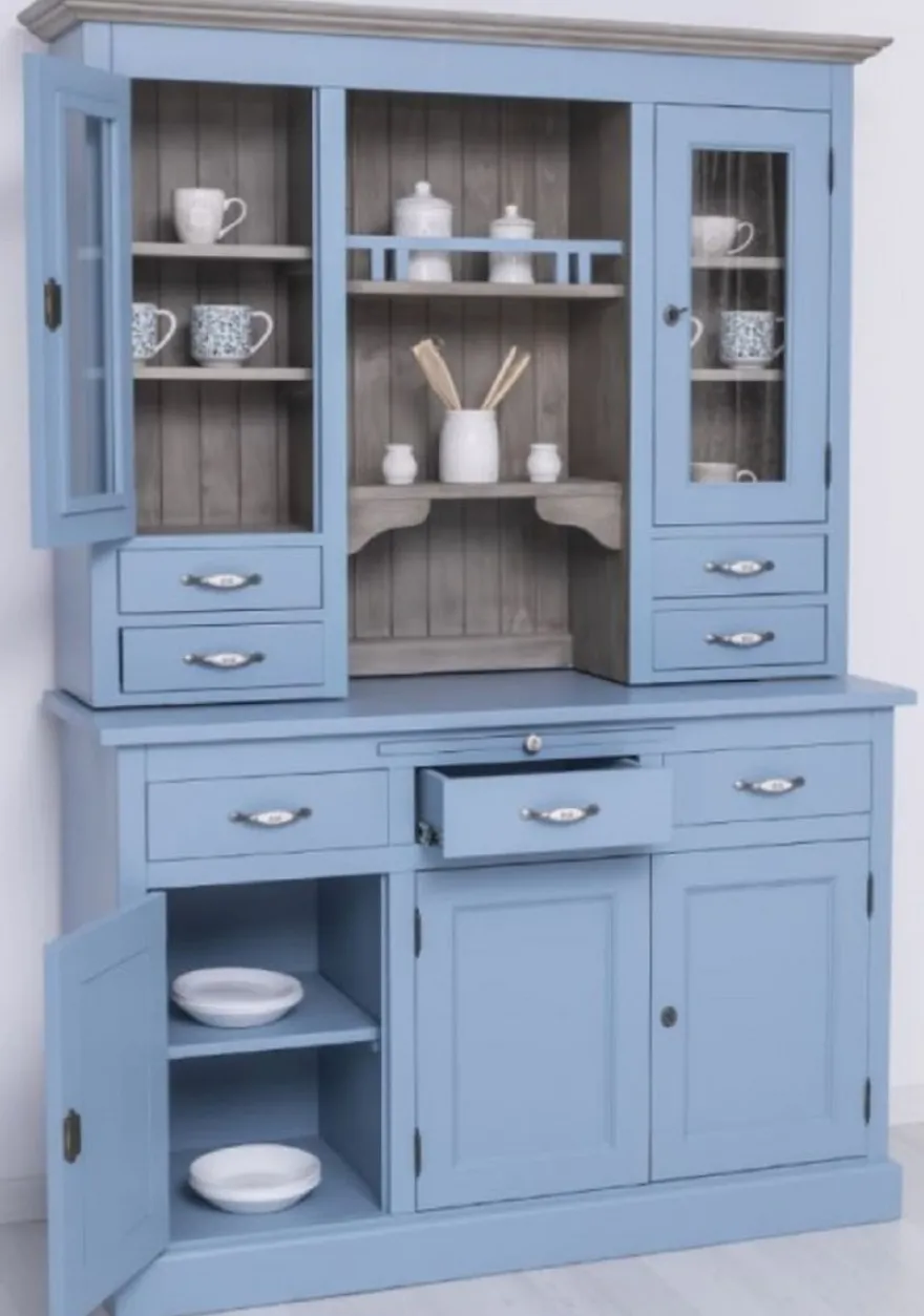 Casa Padrino Landhausstil Esszimmerschrank Hellblau / Grau 137 x 50 x H. 197 cm - Massivholz Küchenschrank - Esszimmer Möbel im Landhausstil - Landhausstil Esszimmer Einrichtung