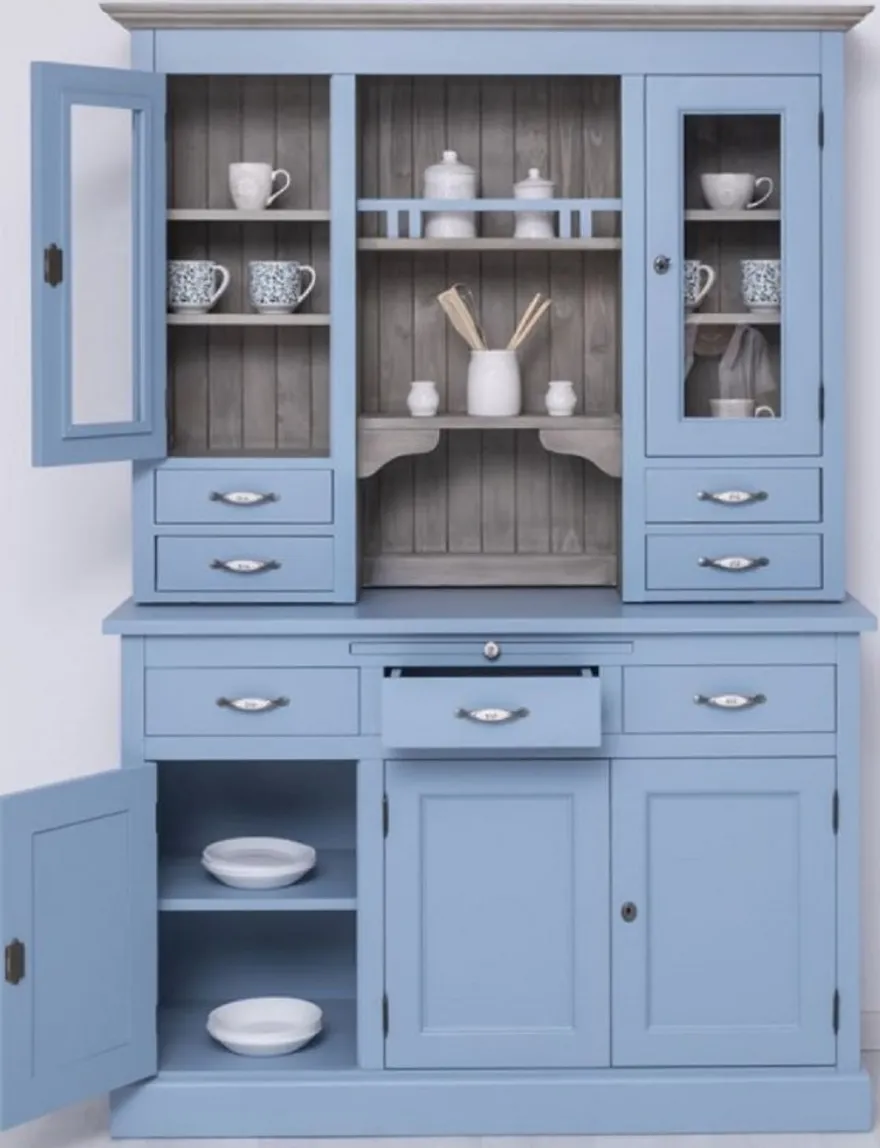 Casa Padrino Landhausstil Esszimmerschrank Hellblau / Grau 137 x 50 x H. 197 cm - Massivholz Küchenschrank - Esszimmer Möbel im Landhausstil - Landhausstil Esszimmer Einrichtung