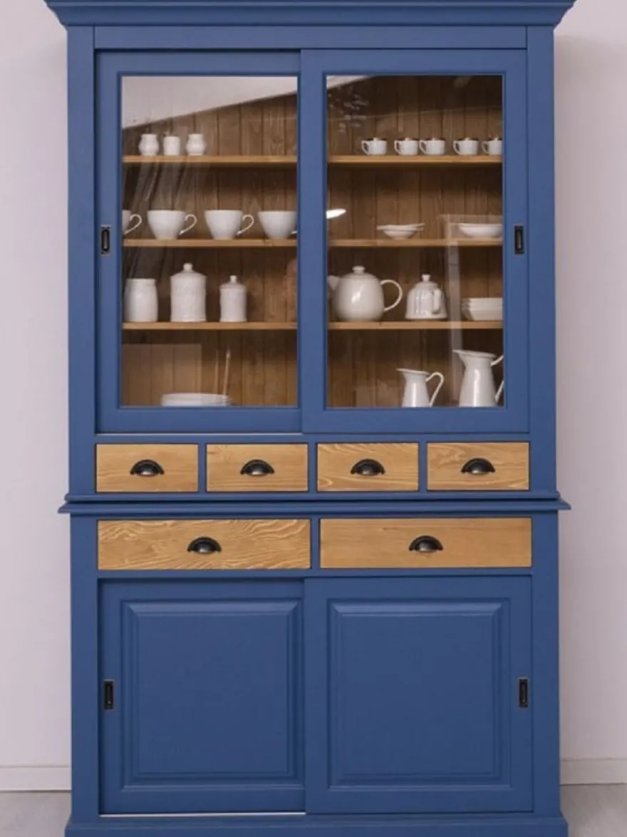 Casa Padrino Landhausstil Esszimmerschrank Blau / Naturfarben 142 x 48 x H. 225 cm - Massivholz Küchenschrank - Landhausstil Esszimmer Möbel