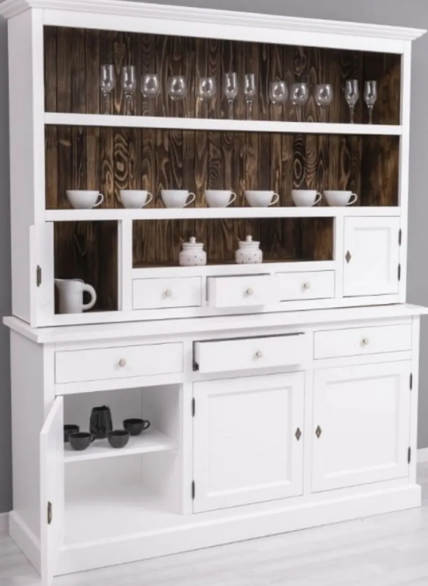 Casa Padrino Landhausstil Esszimmerschrank Weiß / Dunkelbraun 179 x 50 x H. 210 cm - Massivholz Küchenschrank - Esszimmer Möbel im Landhausstil - Landhausstil Esszimmer Einrichtung
