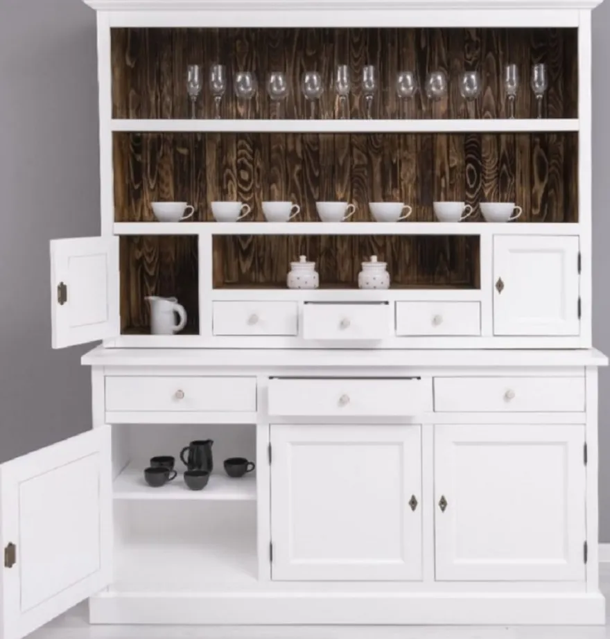 Casa Padrino Landhausstil Esszimmerschrank Weiß / Dunkelbraun 179 x 50 x H. 210 cm - Massivholz Küchenschrank - Esszimmer Möbel im Landhausstil - Landhausstil Esszimmer Einrichtung