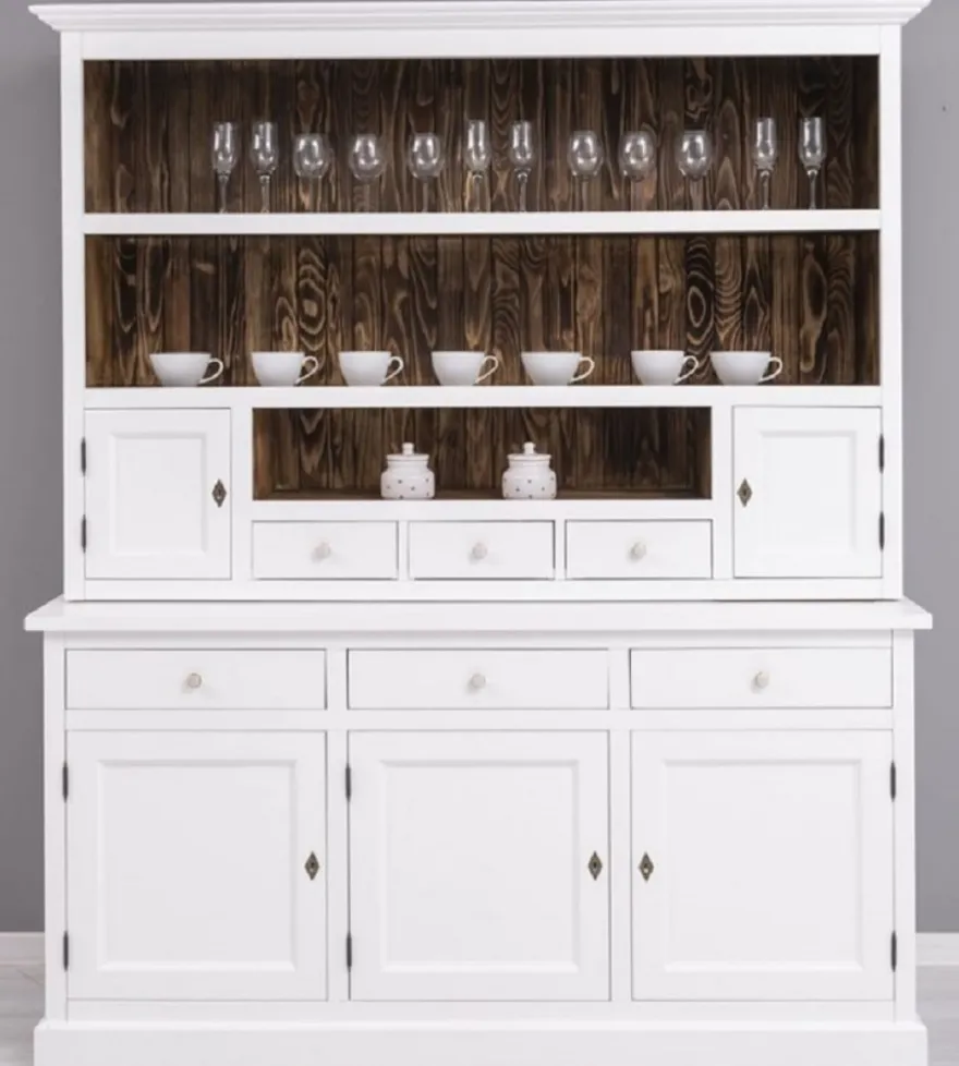Casa Padrino Landhausstil Esszimmerschrank Weiß / Dunkelbraun 179 x 50 x H. 210 cm - Massivholz Küchenschrank - Esszimmer Möbel im Landhausstil - Landhausstil Esszimmer Einrichtung