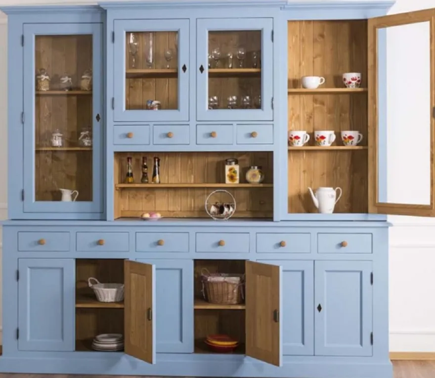 Casa Padrino Landhausstil Esszimmerschrank Hellblau / Naturfarben 245 x 47 x H. 225 cm - Massivholz Küchenschrank - Esszimmer Möbel im Landhausstil - Landhausstil Esszimmer Einrichtung