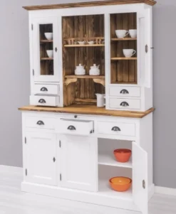 Casa Padrino Landhausstil Esszimmerschrank Weiß / Braun 137 x 50 x H. 197 cm - Massivholz Küchenschrank - Esszimmer Möbel im Landhausstil - Landhausstil Esszimmer Einrichtung