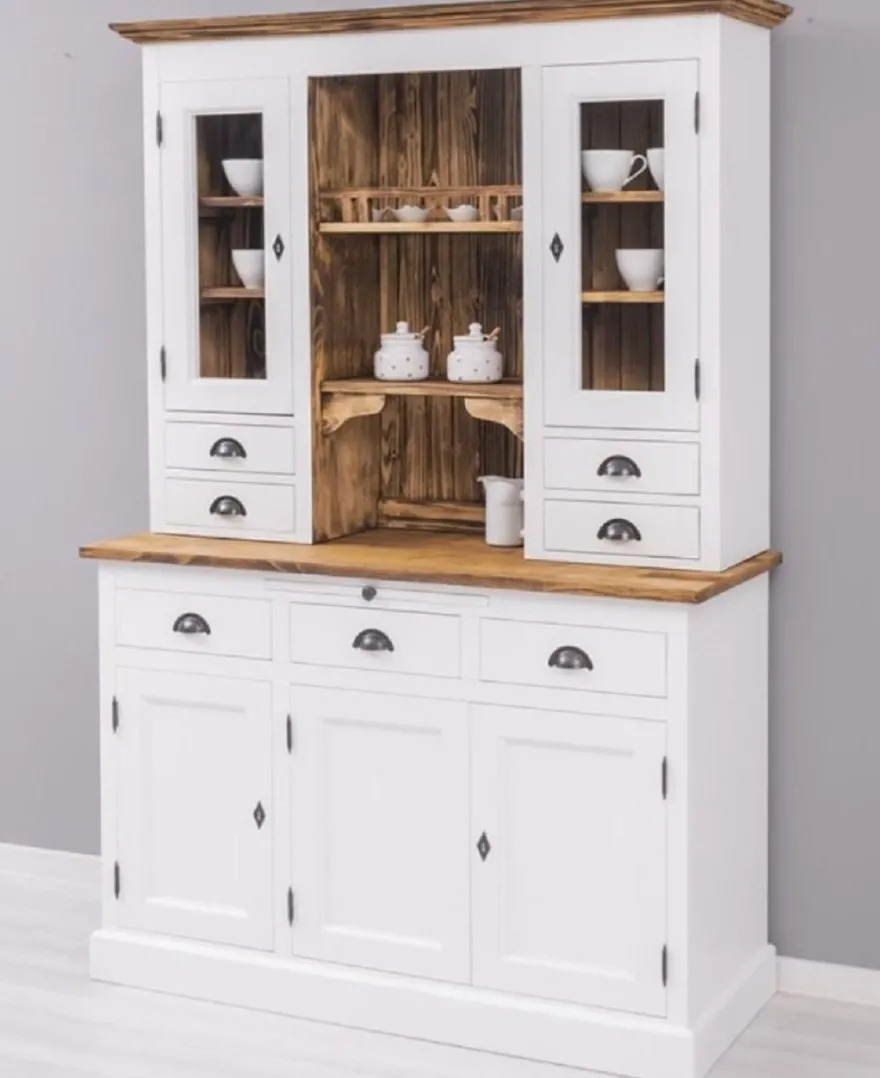 Casa Padrino Landhausstil Esszimmerschrank Weiß / Braun 137 x 50 x H. 197 cm - Massivholz Küchenschrank - Esszimmer Möbel im Landhausstil - Landhausstil Esszimmer Einrichtung