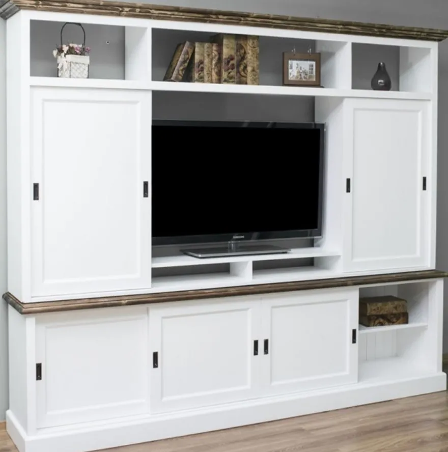 Casa Padrino Landhausstil Fernsehschrank mit 6 Schiebetüren Weiß / Braun 254 x 46 x H. 210 cm - Massivholz TV Schrank - Wohnzimmerschrank - Landhausstil Wohnzimmermöbel