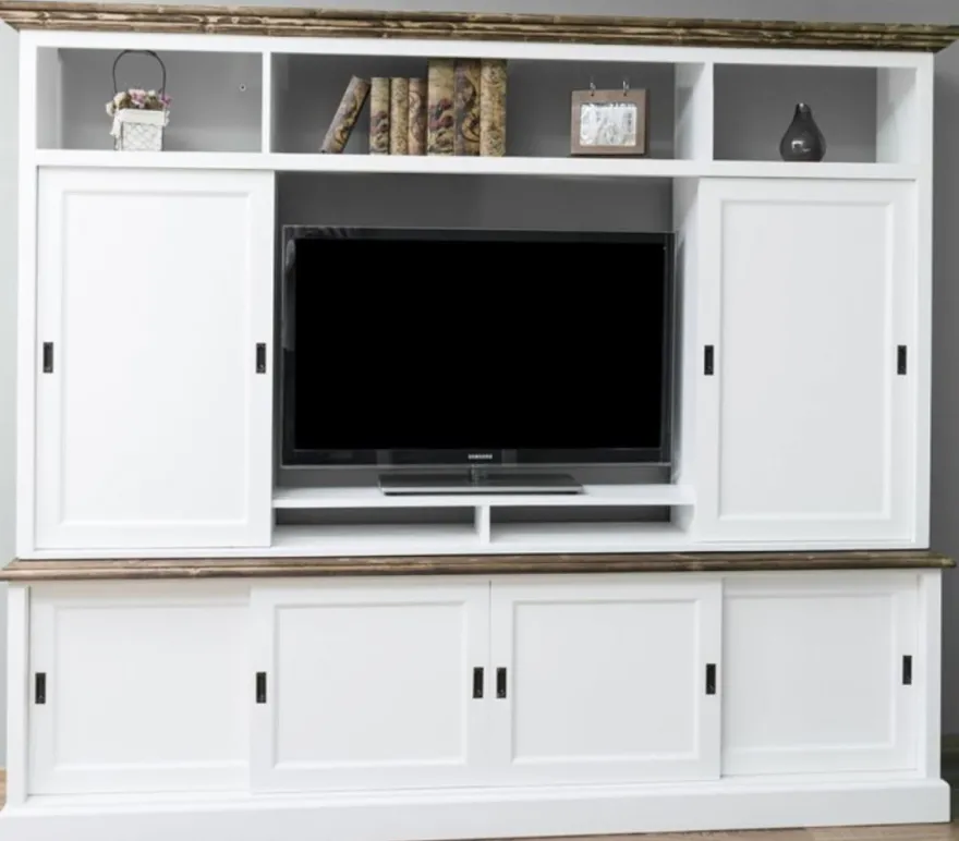 Casa Padrino Landhausstil Fernsehschrank mit 6 Schiebetüren Weiß / Braun 254 x 46 x H. 210 cm - Massivholz TV Schrank - Wohnzimmerschrank - Landhausstil Wohnzimmermöbel